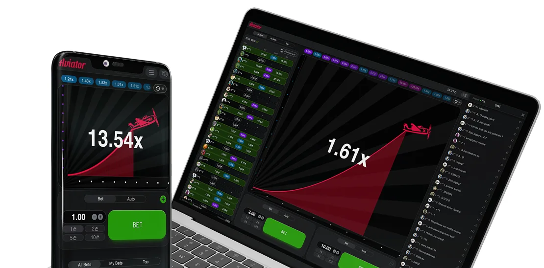 Aviator interface shown on mobile and laptop